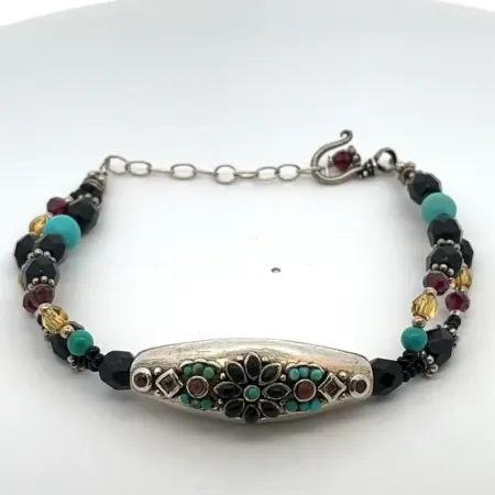 Barse 925 Sterling Silver Turquoise,Onyx,Garnet & Quartz Beads 9” Bracelet 21.9G