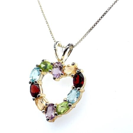 18” 925 Sterling Silver Box Chain w/ Multi Color Gemstones Heart Pendant 6.8g