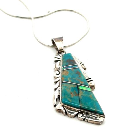 18” Navajo 925 Sterling Silver Turquoise Inlay Necklace Pendant, Signed CA 11.3g