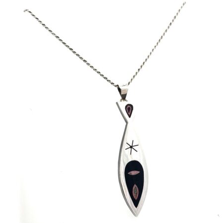 Vintage .925 Sterling Silver Copper, Onyx Fish Pendant on 18” Rope Chain 7.9g