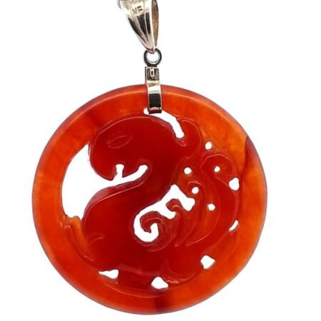 925 Sterling Silver Chinese Carved Dragon Red Jade Pendant 15.4 Grams