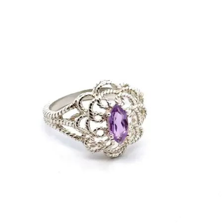 .925 Sterling Silver Amethyst Filigree Ring, Size-8, 3.4g