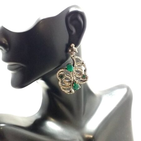 Sterling Silver Copper Emerald Glass & Clear Crystal Victorian Earrings 19.6g