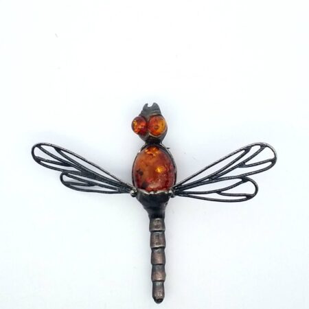 Sterling Silver Dragonfly Amber Brooch, Amber Body & Eyes 9.2 Grams