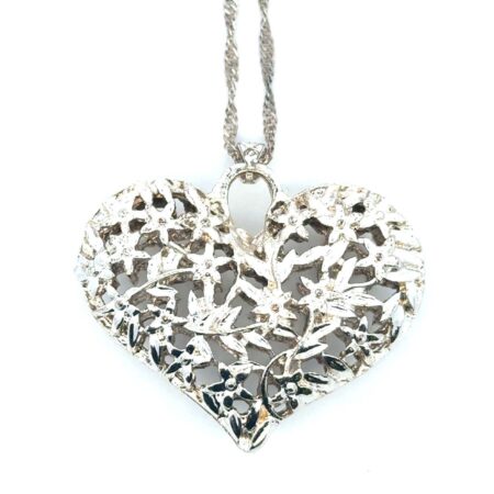 22” .925 Sterling Silver Large Puffy Filigree Floral Heart Pendant, 15.5g