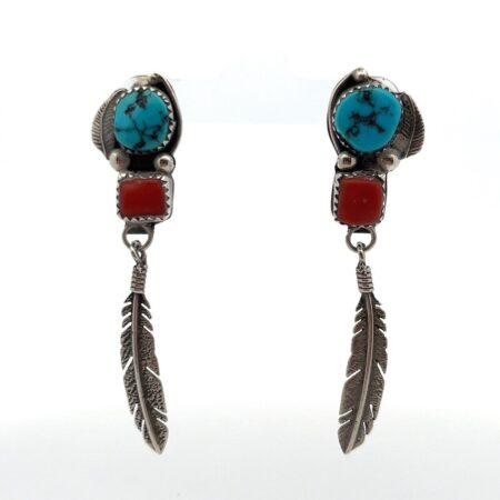 Navajo 925 Sterling Silver Turquoise & Coral Feather Dangle Earrings 9.3g