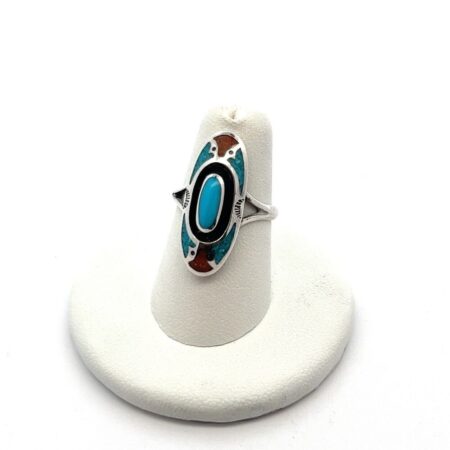 Southwestern 925 Sterling Silver Turquoise & Coral Chip Ring Size: 6