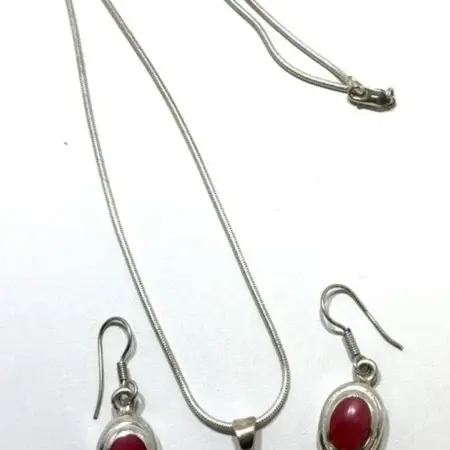 Sterling Silver, Red Coral Earrings w/ 20 inch Necklace Set - 29.1 grams