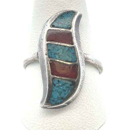 Sterling Silver Turquoise & Coral Native American Ring 4.1 Grams Size- 8.5