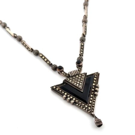 18” Vintage Art Deco 925 Sterling Silver Marcasite & Onyx Necklace 38.2g