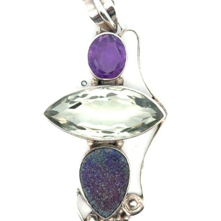 925 Sterling Silver Purple, Green Amethyst + Amethyst Druzy Pendant, 16.9g