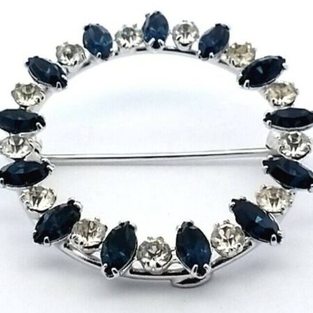 Vintage Sterling Silver Round Rhinestone & Marquise Blue Stone Brooch 4.3 Grams
