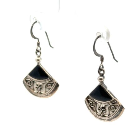 Vintage .925 Sterling Silver Onyx Fan Dangle Earrings 4.6g