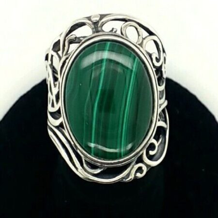PZ Israel 925 Sterling Silver - Bezel Set Cabachon Malachite Filigree Ring. Sz-8