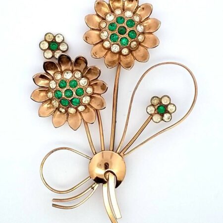 Vintage Corocraft Gold Vermeil Sterling Brooch/Pin Flowers Green & White Stones