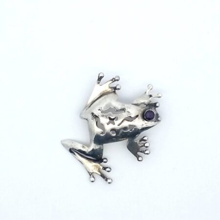 Sue B Designs, Sterling Silver Hand Crafted Frog Pin w/ Amethyst Eye 2.6 Gram