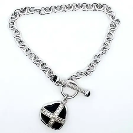 925 Sterling Silver Onyx Heart With CZ Accent 8" Bracelet Toggle Clasp 15.4 Gram