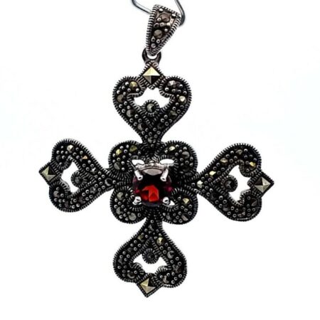 925 Sterling Silver Red Garnet & Marcasite Maltese Cross Pendant 6.8 Grams