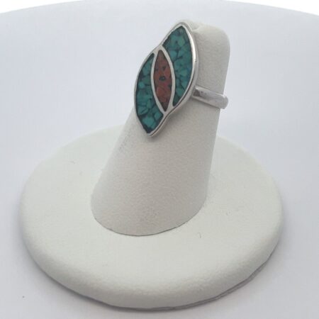 Vintage 925 Sterling Silver Turquoise and Red Coral Mosaic Ring Size: 4.5