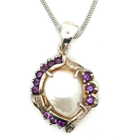 18” Vintage 925 Sterling Silver Mabe Pearl & Amethyst Pendant Necklace, 11.9g