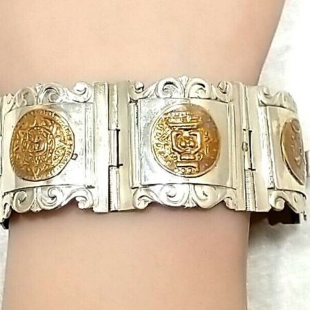 Vintage Taxco Mexico Sterling Silver Aztec Warrior Hinged Panel 6.5" Bracelet