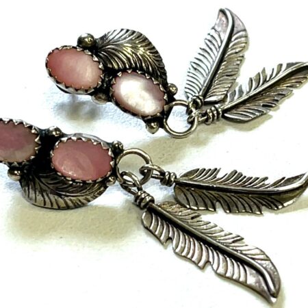 Sterling Silver Southwestern Pink Mother of Pearl Feather Drop Earrings 4.9 Gram