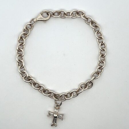 925 Sterling Silver 8” Link Bracelet with SS Cubic Zirconia Cross Pendant 11.0g