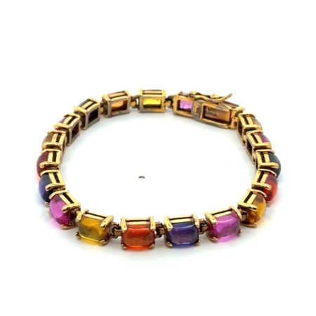 6.75” 925 Sterling Silver Gold Vermeil Multi Color Cabochon Stone Bracelet 18.3g