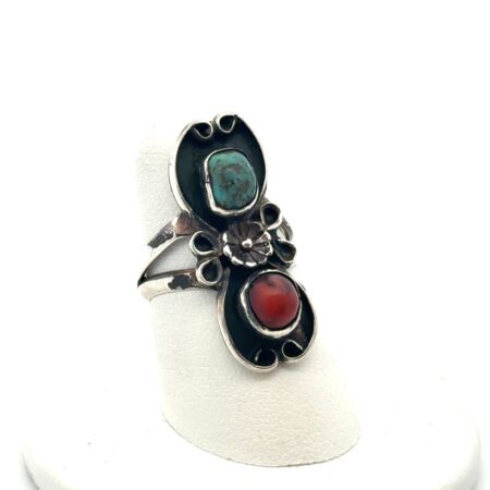 .925 Sterling Silver Navajo Turquoise & Coral Elongating, Size-6, 4.6g