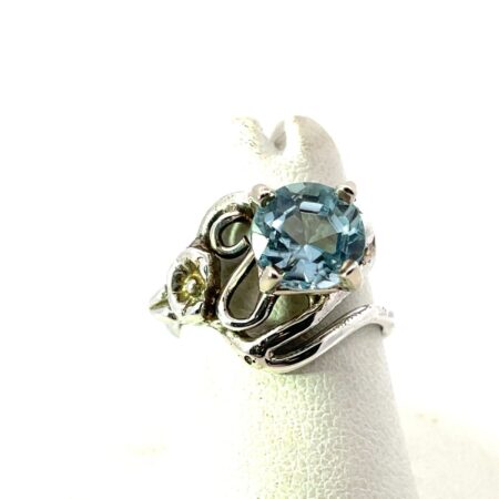 925 Sterling Silver Round Blue Topaz Open Heart with Flower Ring - Size 6