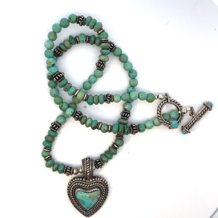Vintage 20” Turquoise & Sterling Beads w/ Turquoise Heart Pendant - 45.8g