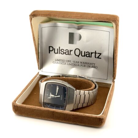 Vintage 36mm Pulsar Quartz “TV Case” Day-Date Blue Dial Wristwatch w/ Box