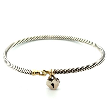 6.5” x 3mm 925 Sterling Silver & 18k Gold Heart Lock Charm Cable Buckle Bracelet