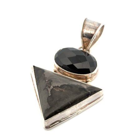 925 Sterling Silver Faceted Onyx & Psilomelane Triangle Pendant 25.6g