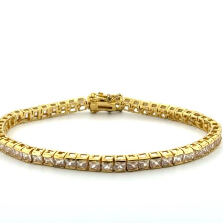 7” Gold Vermeil 925 Sterling Silver Princess Cut CZ Tennis Bracelet 12.8g