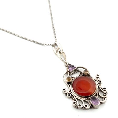 18” Vintage 925 Sterling Silver Honey Amber Amethyst & Citrine Pendant Necklace