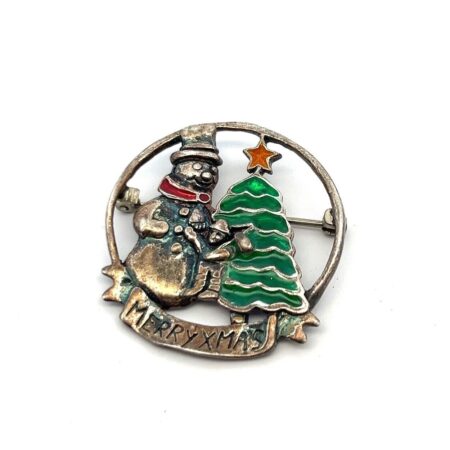 Vintage Sterling Silver Merry Christmas Enamel Snowman XMas Tree Pin Brooch 5.5G