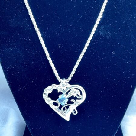 Sterling Silver Open Heart Pendant 18" Necklace with Rhombic Cut Blue Topaz