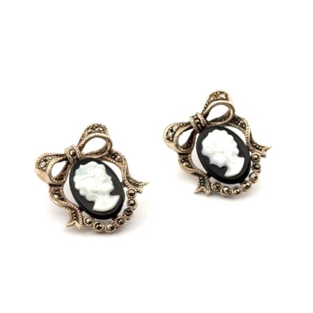 Vintage 925 Sterling Silver Onyx, Mother of Pearl, & Marcasite Earrings 6.9g