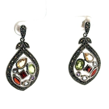 925 Sterling Silver Dangle Earrings, Aquamarine, Citrine, Garnet, Peridot, 6.6g