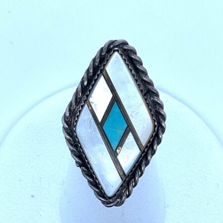 Vintage Sterling Silver MOP & Turquoise Native American Size-6 Ring - 5.2 Grams