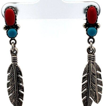 Vintage Navajo Feather Turquoise & Red Coral Post Dangle Earrings 8.7 Grams