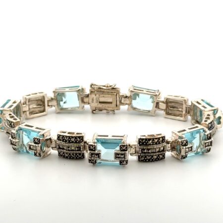 8” Thailand 925 Sterling Silver Blue Glass & Marcasite Link Bracelet 52g