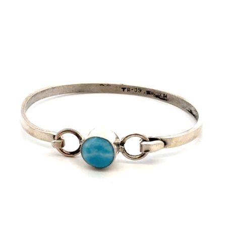 Taxco 5.75” 925 Sterling Silver Larimar Hooked Bangle Bracelet, 9.7g