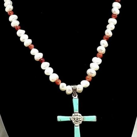 Freshwater Pearl&Goldstone Bead Sterling 16" Necklace w/Turquoise Cross Pendant