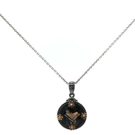 925 Sterling & Four 14K Gold Flower Accents Round Smokey Quartz Pendant Necklace