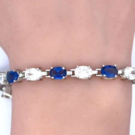 8” Signed SU .925 CZ CH Blue + Clear Stone Tennis Bracelet, 13.7g