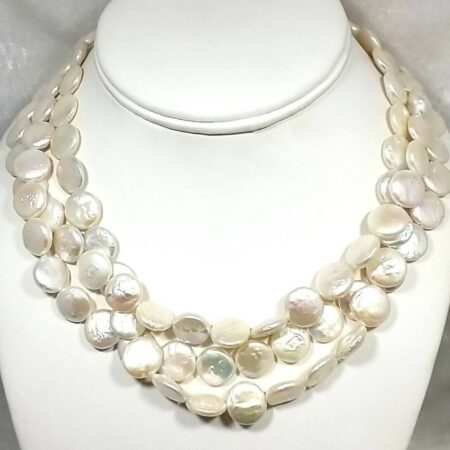 Triple Strand Coin Pearl 16.5" Necklace w/ Sterling Silver Blue Topaz Clasp