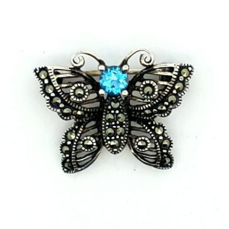 Vintage 925 Sterling Silver Marcasite And Blue Topaz Pin/Brooch 3.9 Grams