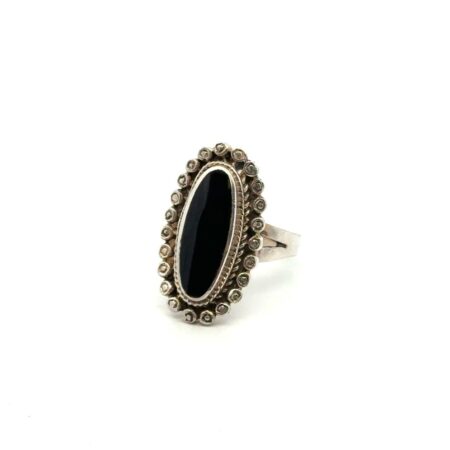 .925 Sterling Silver Elongated Oval Onyx Ring, S-5, 5.1g